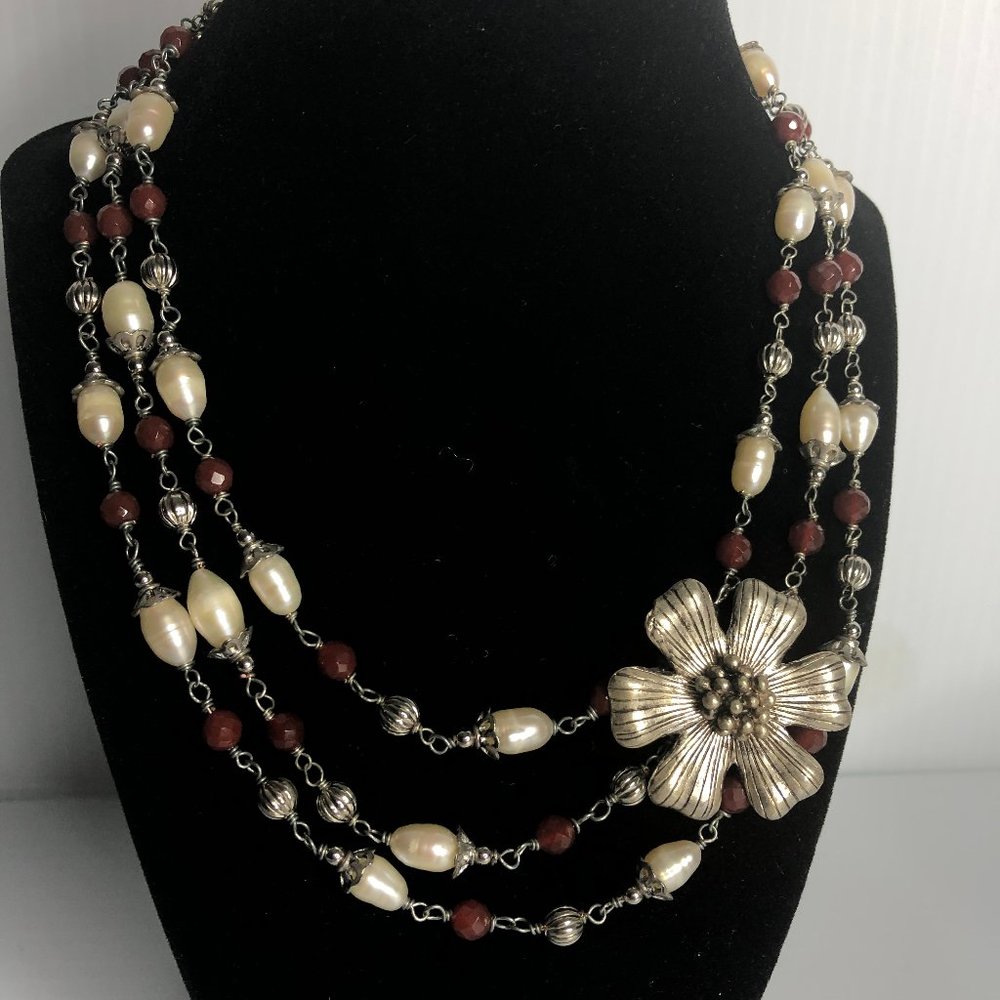 Triple strand Carnelian and pearl necklace